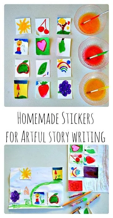 Story writing with stickers Homemade Lick and Stick stickers
