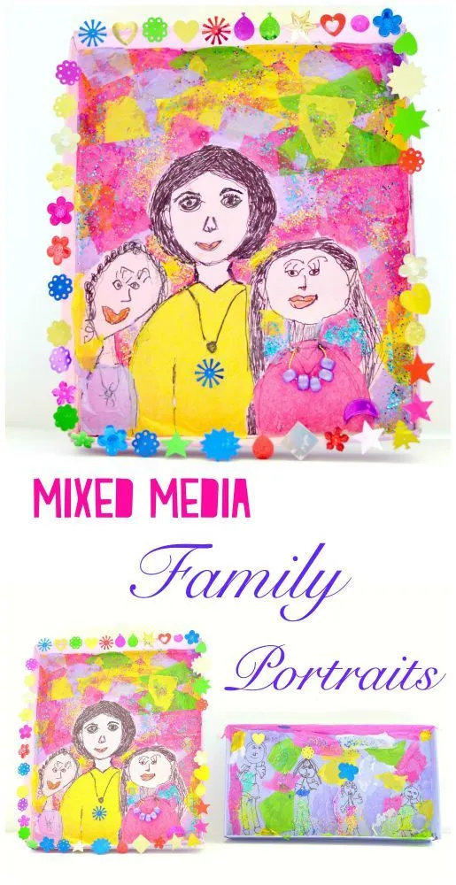 Mixed Media Family Portraits using shoebox lids
