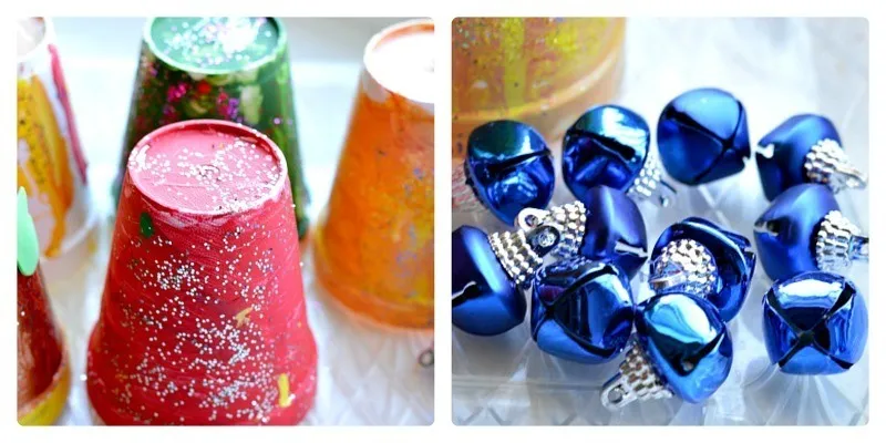 Christmas Crafts for kids making ornaments with cups, glitter and jingle bells