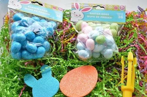 materials for easter egg hunt in a bin