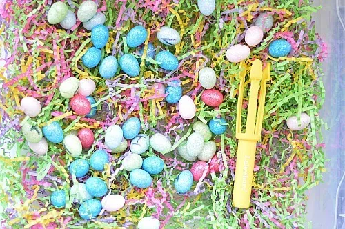 set up fine motor egg hunt sensory bin