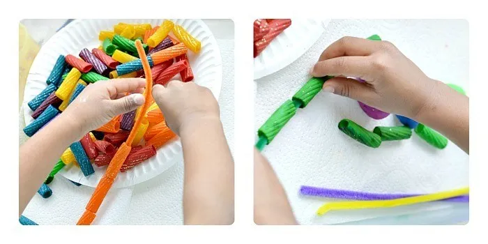 fine motor rainbow pasta play