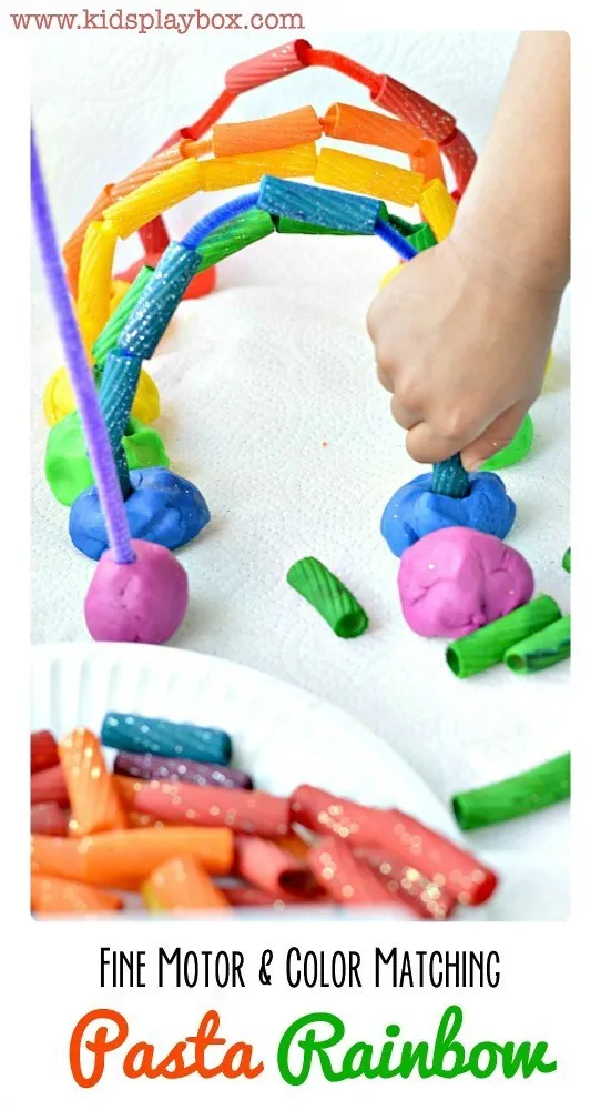 Fine Motor Activity with rainbow pasta and playdough