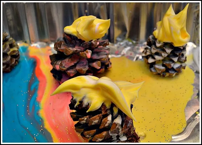 shaving cream on pinecones