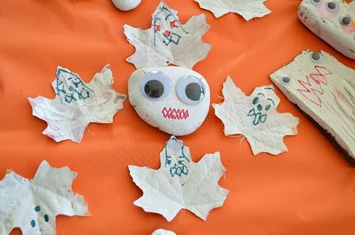 preschooler made painted leaves