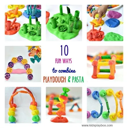Toddler and preschooler activity with playdough and pasta