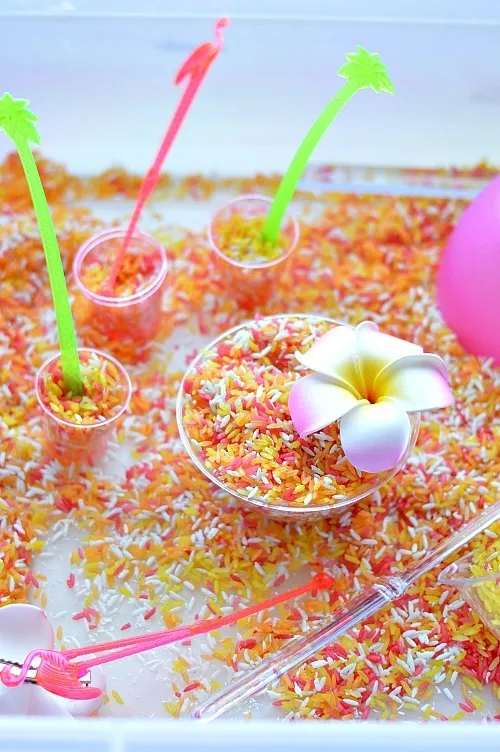 Party in a box sensory play ideas with sensory rice