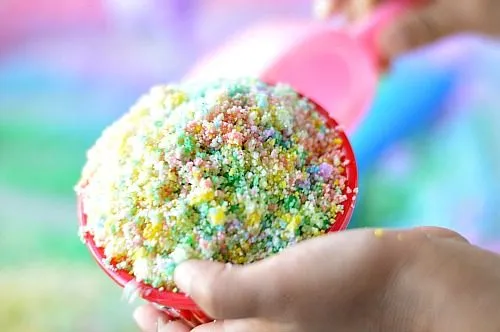 playign pretend with rainbow snow