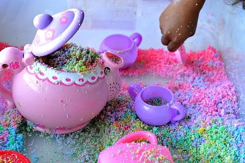 tea party with winter rainbow snow