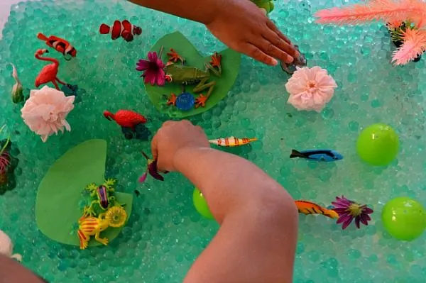 water beads sensory bin pond