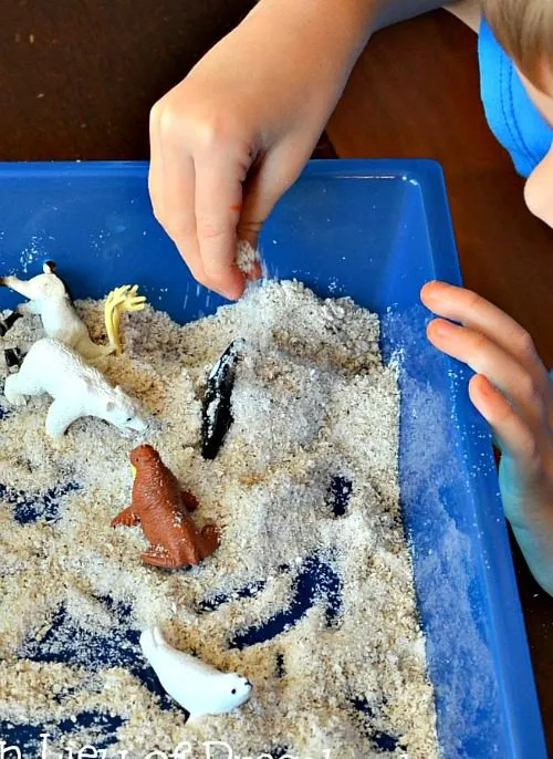 coconut snow sensory play for winter